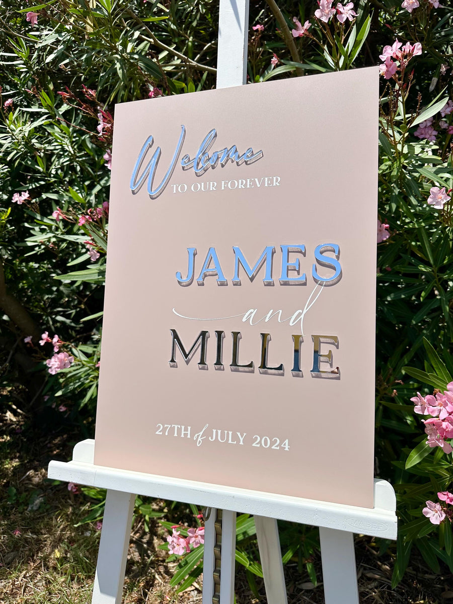 Modern acrylic wedding welcome sign in clear with custom text