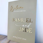 Modern acrylic wedding welcome sign with custom text, white and gold design