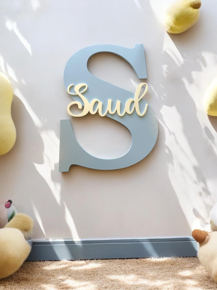 Custom initial and name wooden wall sign, personalized for kids room decor