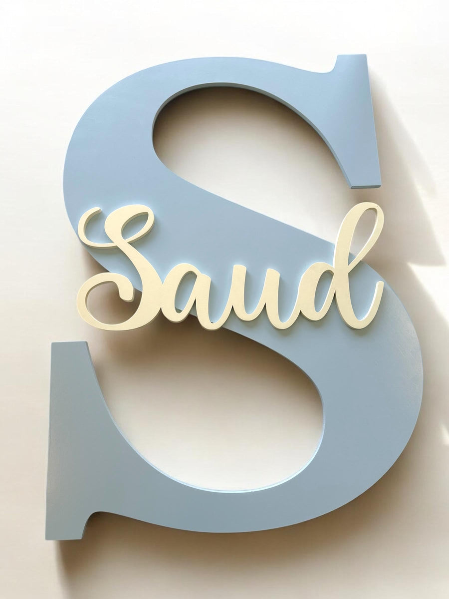 Large wooden wall name plaque with custom initials for nursery decor