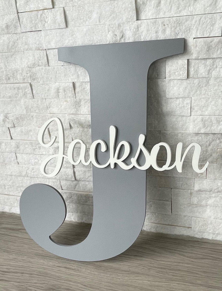 Custom initial wooden wall name sign in light wood for kids room
