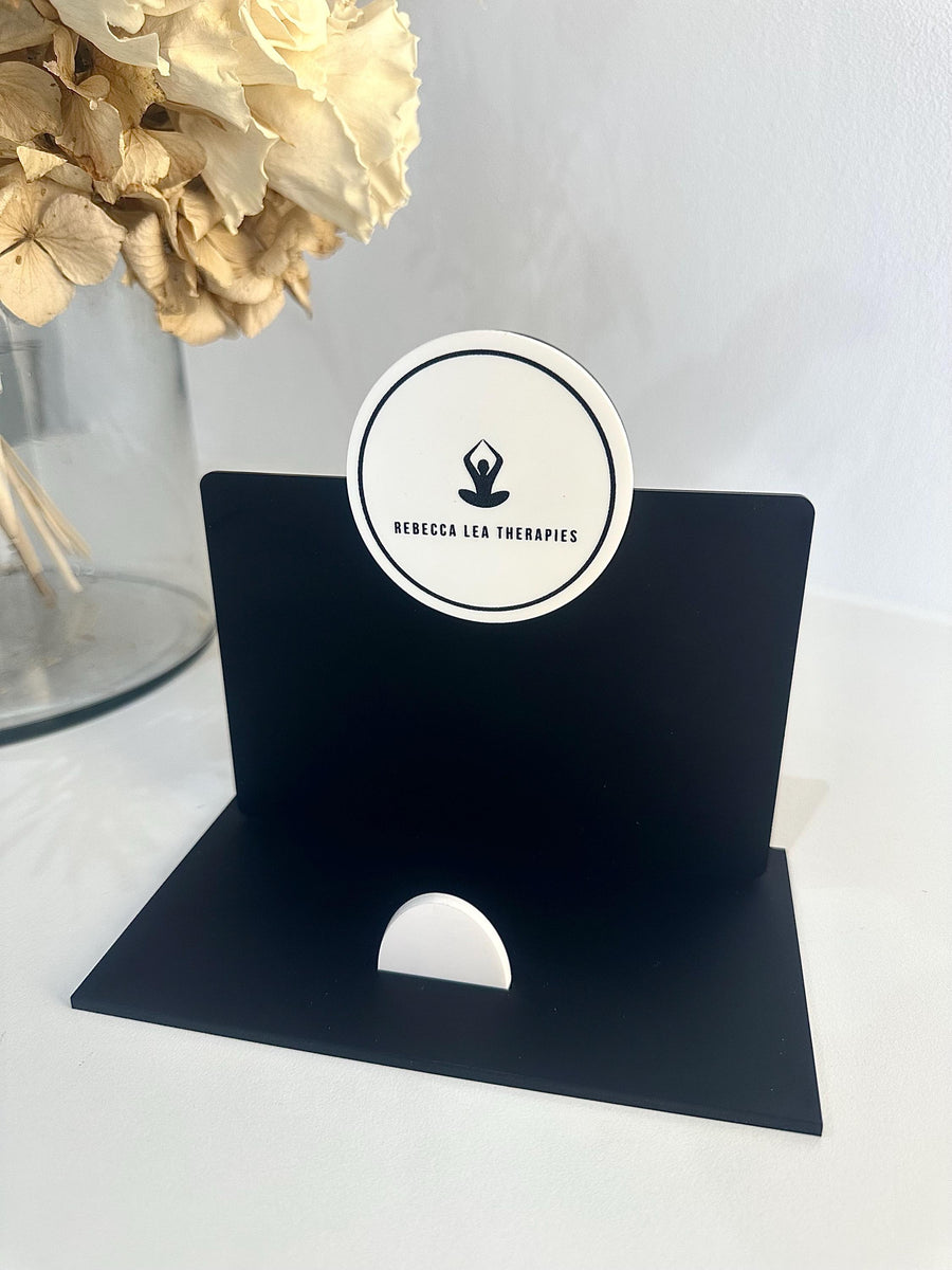 Clear acrylic business card holder with logo personalization, desktop organizer