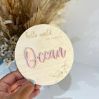 Personalised Wooden Birth Announcement Disc with custom name and 3D acrylic details