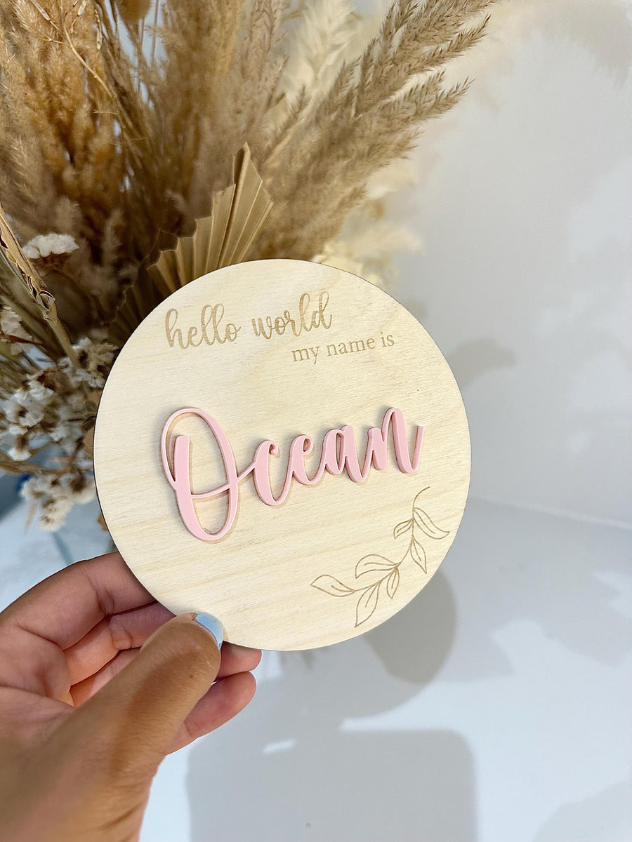 Personalised Wooden Birth Announcement Disc with custom name and 3D acrylic details