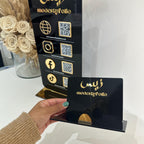 Clear acrylic business card holder with logo branding, modern desk organiser