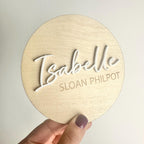 Personalised Wooden Birth Announcement Disc with custom name in natural wood