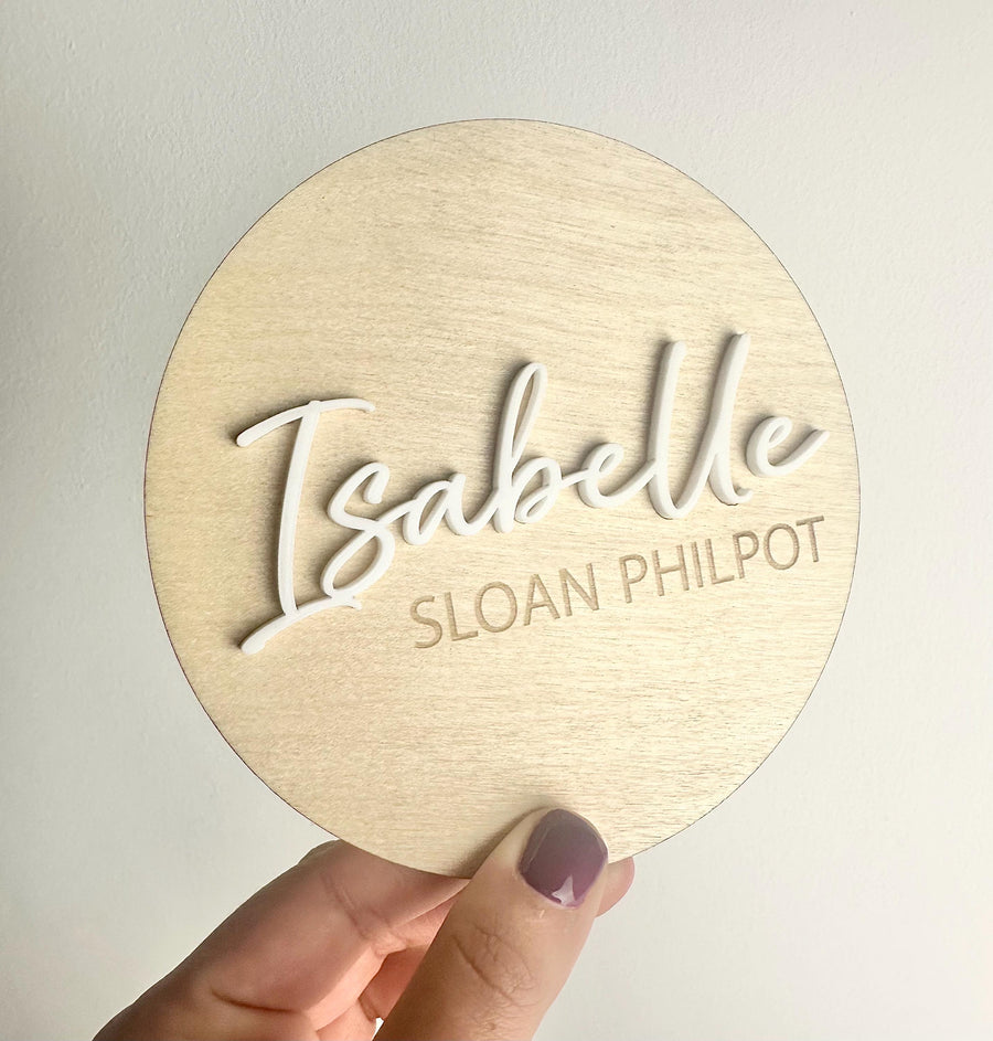 Personalised Wooden Birth Announcement Disc with custom name in natural wood