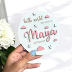 Personalised 3D baby name announcement disc in natural wood, nursery decor