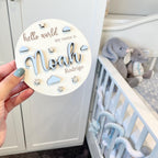 Personalised 3D wooden baby name announcement disc in natural color
