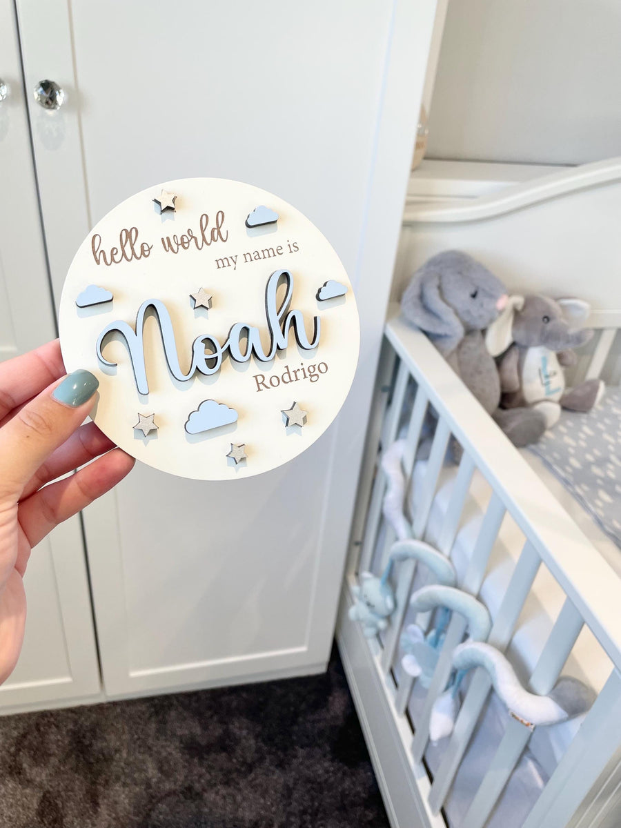 Personalised 3D wooden baby name announcement disc in natural color