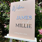 Custom acrylic wedding welcome sign with 3D lettering on a clear background