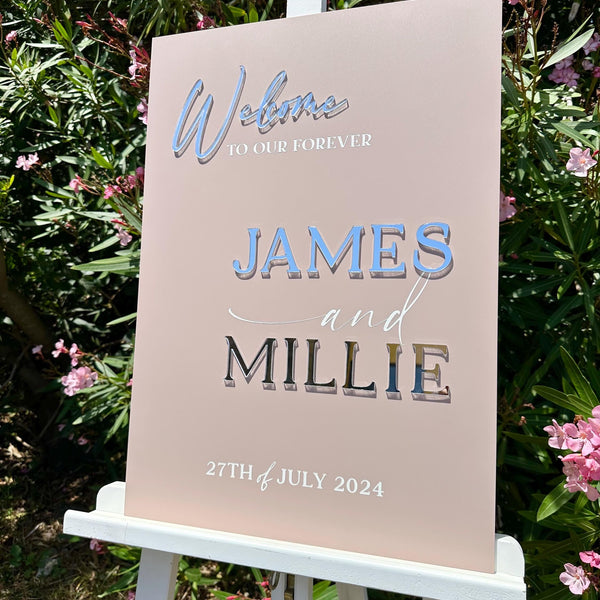 Custom acrylic wedding welcome sign with 3D lettering on a clear background