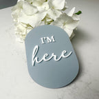 Acrylic I'm Here birth announcement disc in light pastel colors