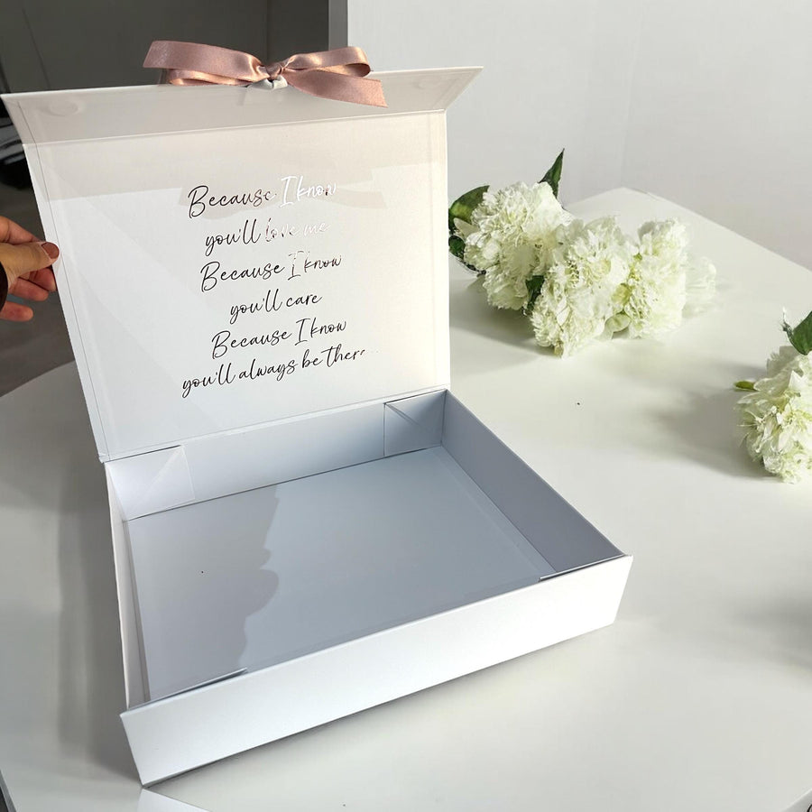 Luxury personalised gift box in elegant white, perfect for bridesmaid proposals