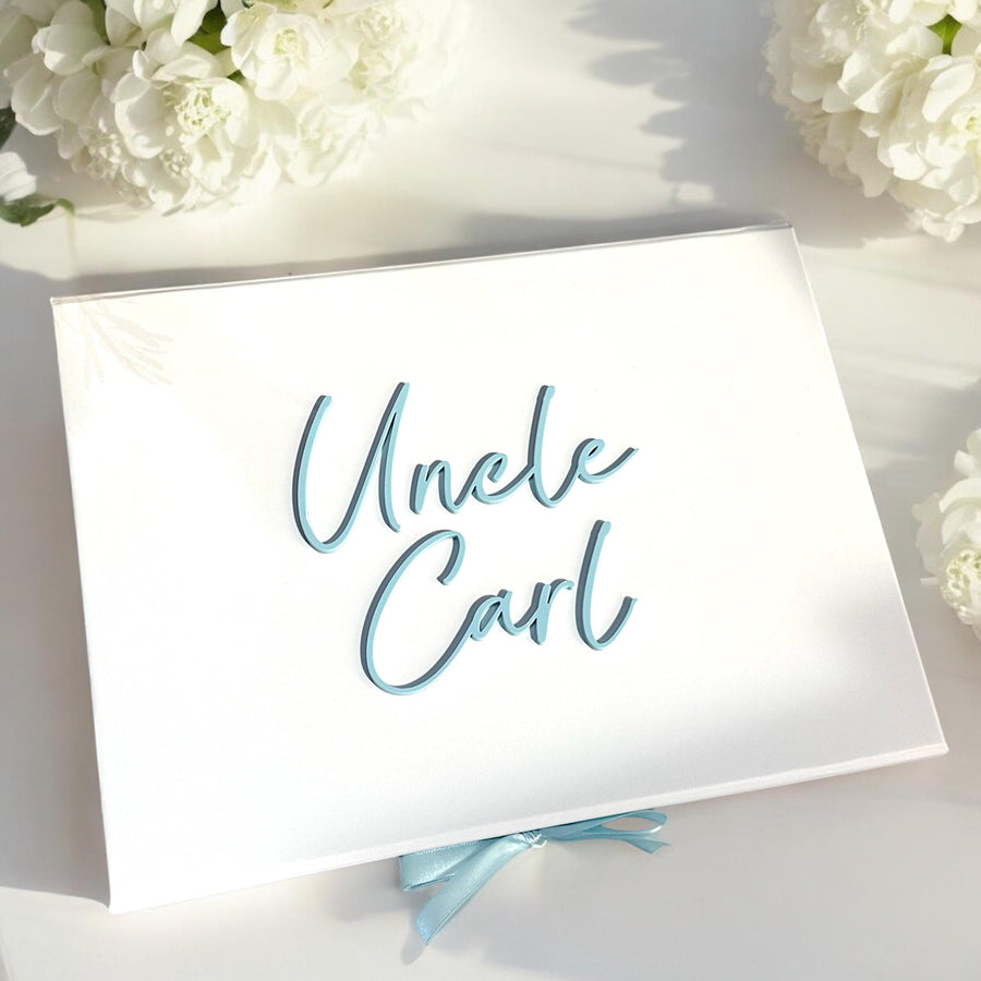Luxury personalised gift box in ivory with gold lettering, for bridesmaid proposals.