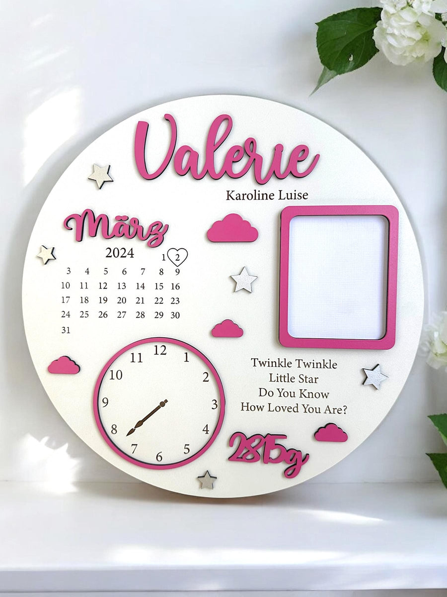 Personalised newborn frame with baby birth announcement details on wood
