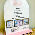 Acrylic play rules sign with colorful images, soft play safety guidelines
