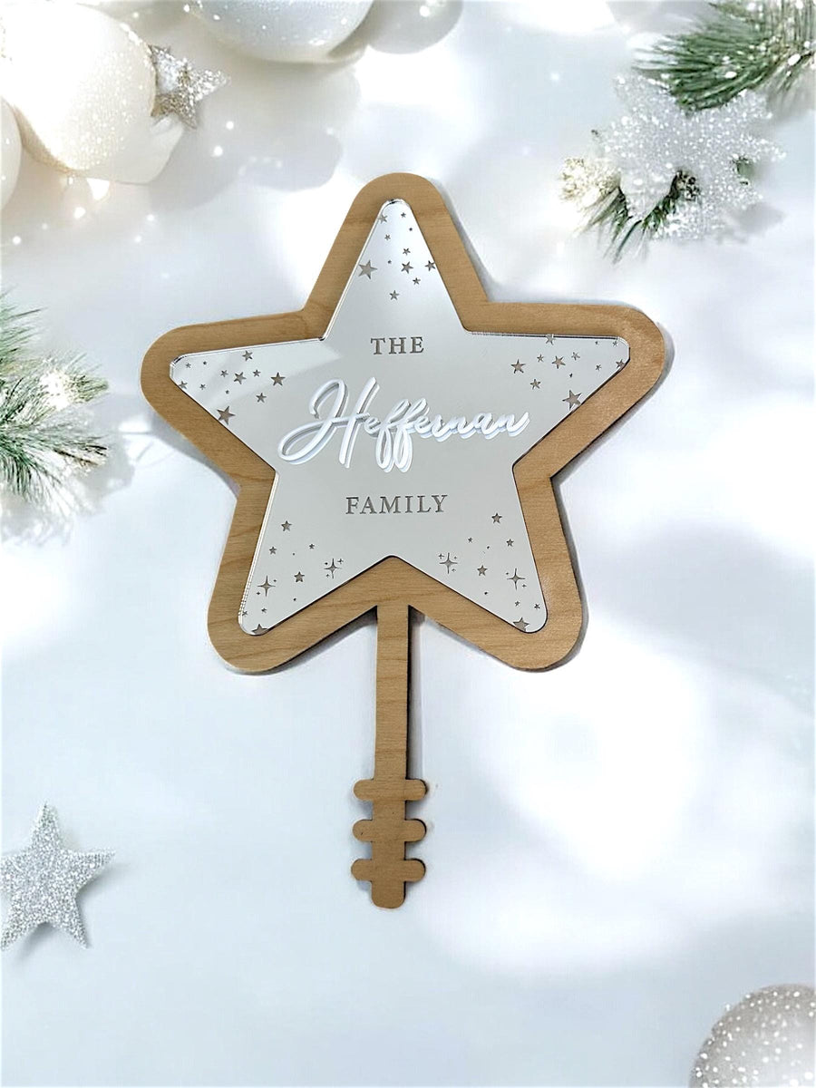 Acrylic personalised Christmas tree topper in star shape, custom family decoration