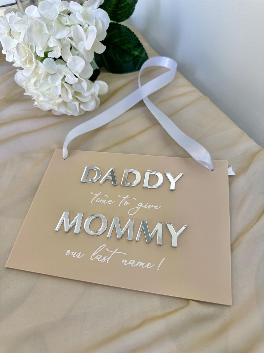 Page Boy Sign, white wooden plaque with scripted text for wedding ceremony