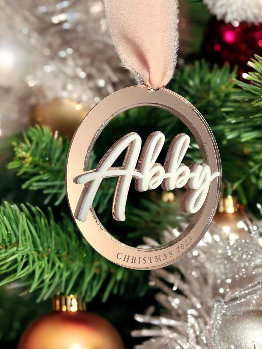 Personalized double layered acrylic name bauble, engraved text, Christmas ornament