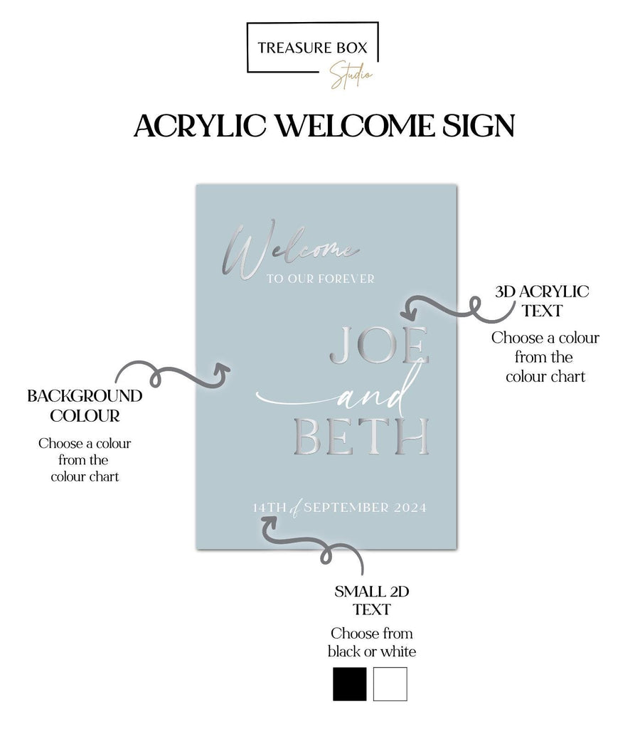 Elegant acrylic wedding welcome sign with 3D details, suitable for ceremony