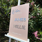 Elegant acrylic wedding welcome sign with 3D lettering, clear design