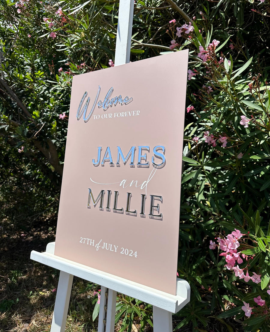 Elegant acrylic wedding welcome sign with 3D lettering, clear design