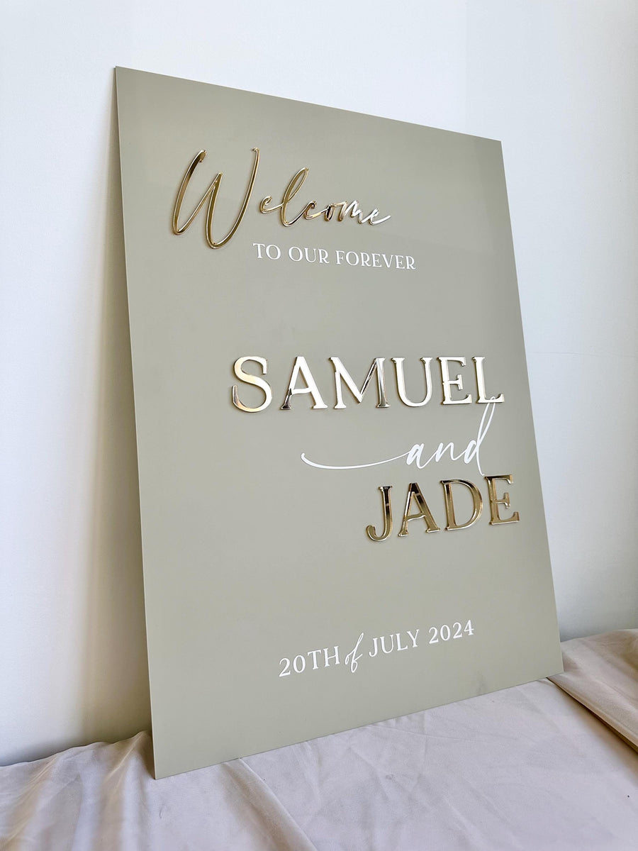 Elegant acrylic wedding welcome sign with 3D lettering, clear design, custom reception decor