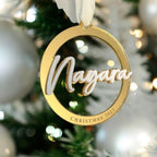 Personalised acrylic name bauble, double layered, clear with engraved text