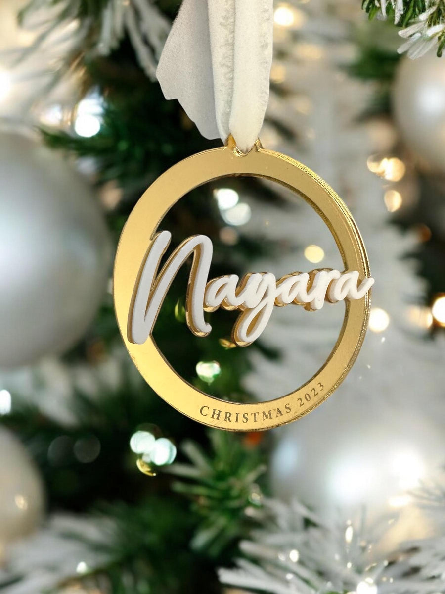 Personalised acrylic name bauble, double layered, clear with engraved text