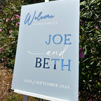 Elegant acrylic wedding welcome sign, clear with 3D lettering, custom design