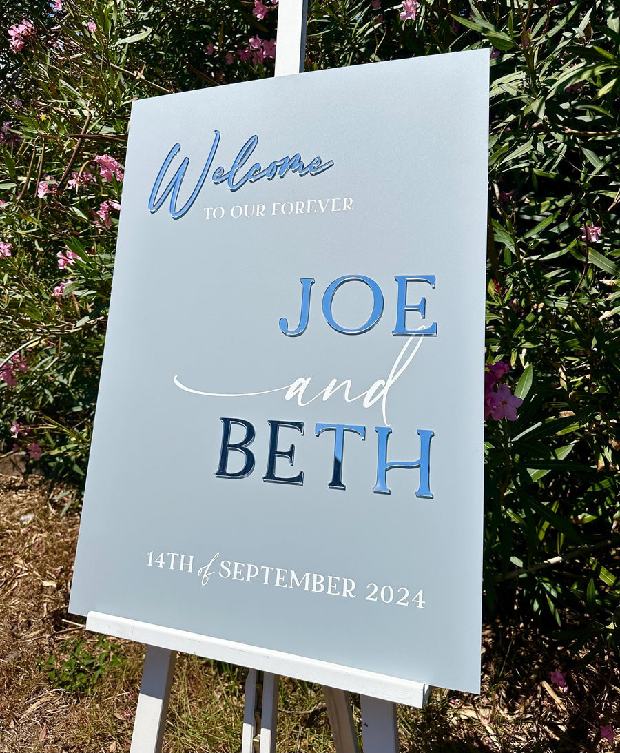 Elegant acrylic wedding welcome sign, clear with 3D lettering, custom design