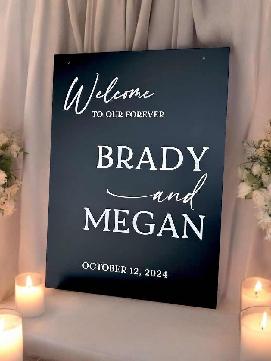 Elegant acrylic wedding welcome sign with 3D lettering and clear background