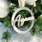 Personalised double layered acrylic name bauble ornament, clear with engraved text