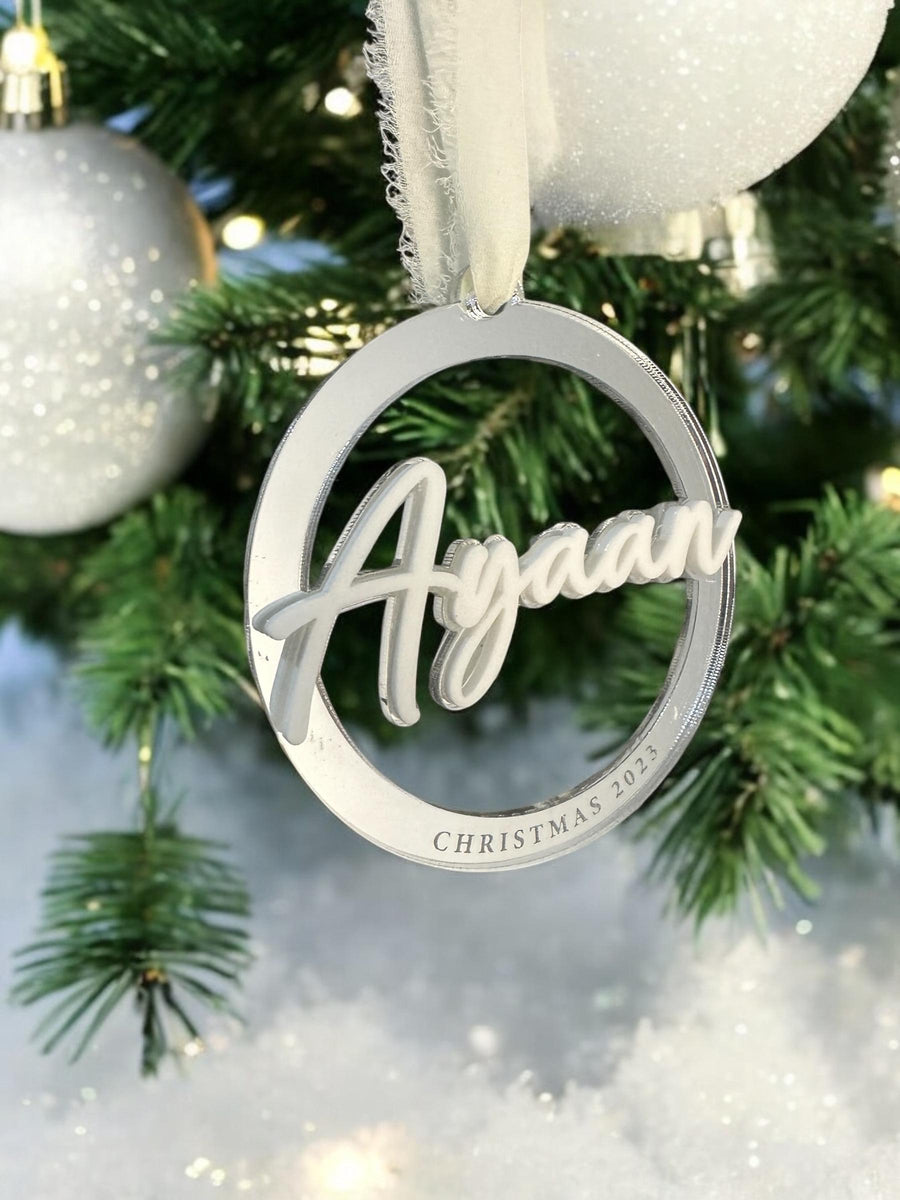 Personalised double layered acrylic name bauble ornament, clear with engraved text