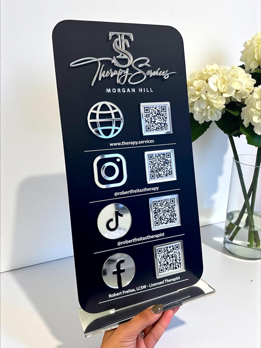 Custom 3D acrylic social media QR code sign in clear, for small business use