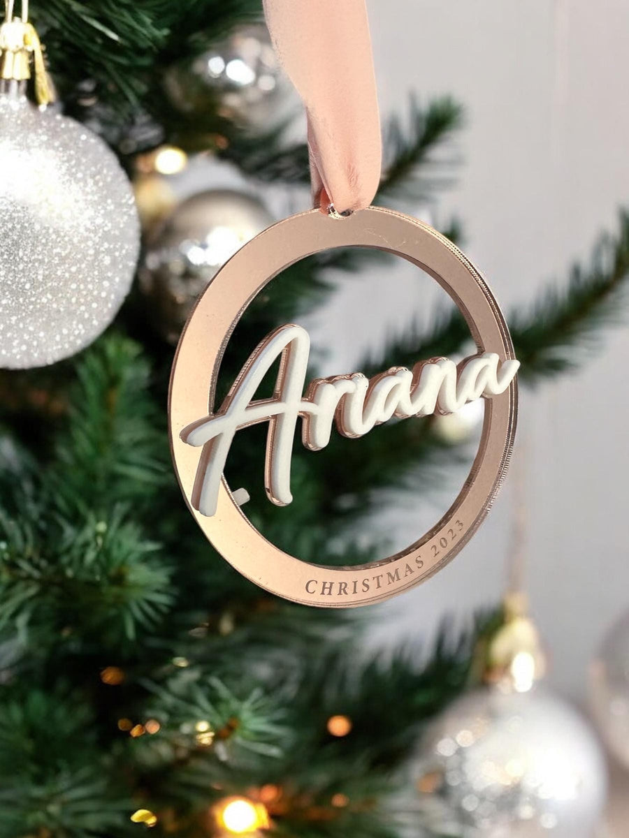 Personalised acrylic name bauble, double layered Christmas tree decoration