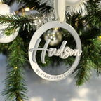 Acrylic name bauble, double layered, personalized Christmas ornament in clear design