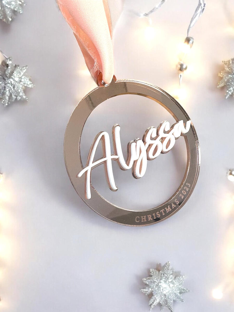 Personalised acrylic name bauble, double layered, custom Christmas decoration