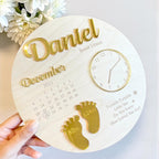 Custom baby keepsake plaque in white wood, featuring birth announcement details