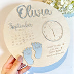 Custom baby keepsake plaque in wood, featuring birth announcement details