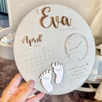 Custom baby keepsake plaque, gray wood with birth announcement details