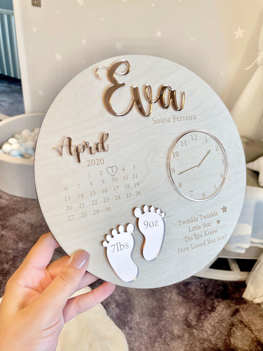 Custom baby keepsake plaque, gray wood with birth announcement details