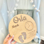 Custom baby keepsake plaque in light wood, showcasing birth announcement details.