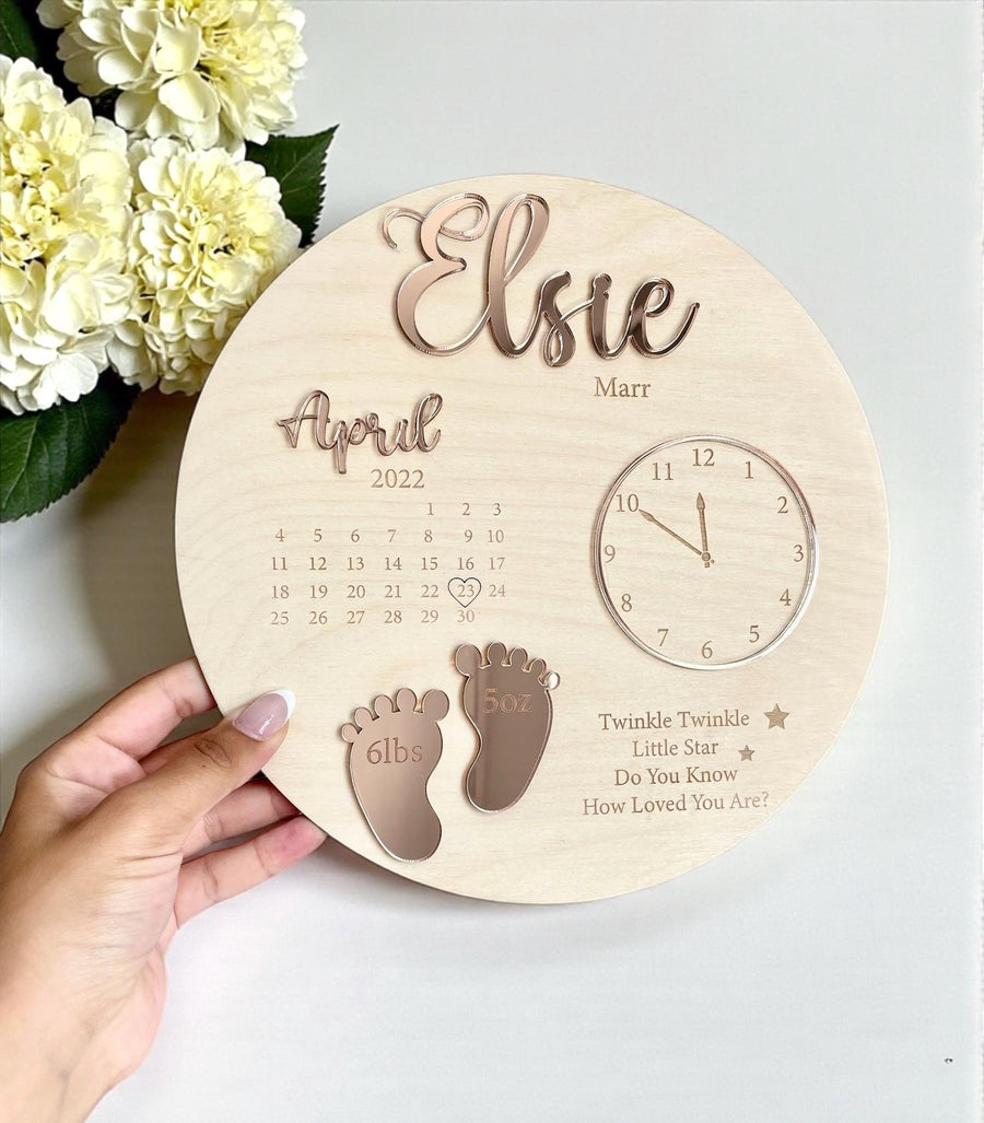 Custom baby keepsake plaque in light wood with birth announcement details