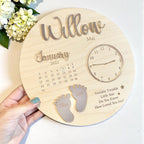Custom baby keepsake plaque in wood, featuring birth announcement details