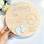 Custom baby keepsake plaque in wood, featuring birth announcement details