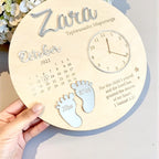 Custom baby keepsake plaque in wooden finish displaying birth announcement details