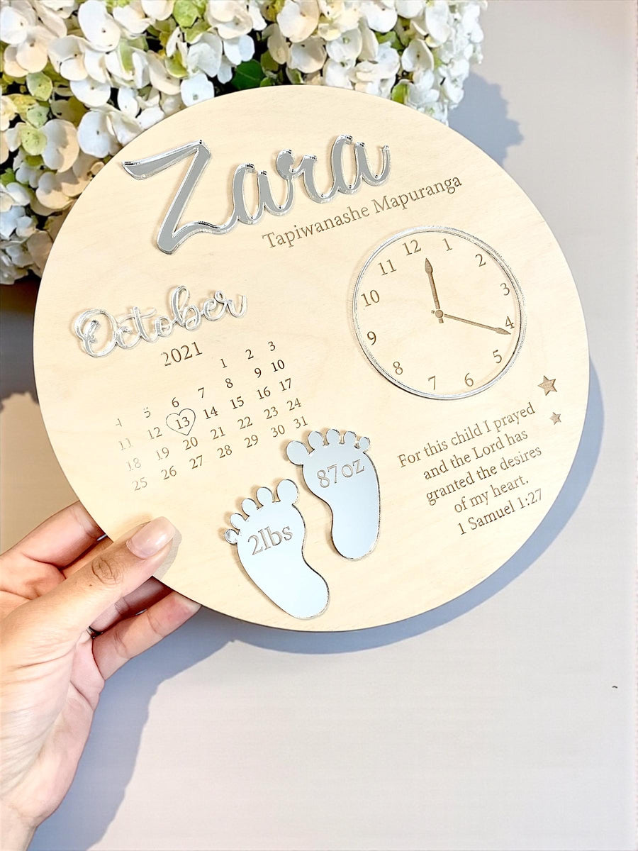 Custom baby keepsake plaque in wooden finish displaying birth announcement details