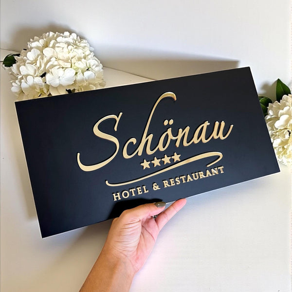 Custom logo business sign in 3D acrylic, rectangle shape for hotels and restaurants